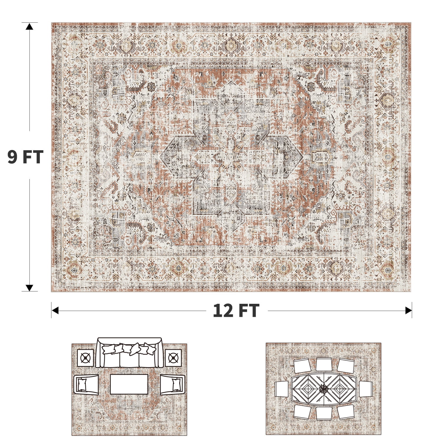SIXHOME 9'x12' Area Rugs Washable Vintage Rugs for Living Room Distressed Floral Area Rug Indoor Soft Carpet Rugs for Bedroom Dining Room Office Throw Rugs Farmhouse Home Decor Beige