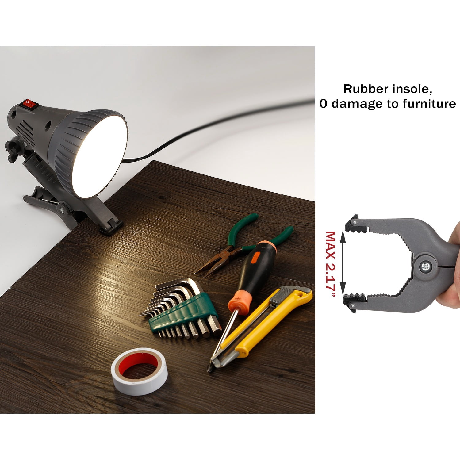 12W LED Clamp Work Lamp, Integrated 360° Rotatable Head, Ultra Bright Work Bench Light, Desk Lamp with Clip, 4000K Cool White