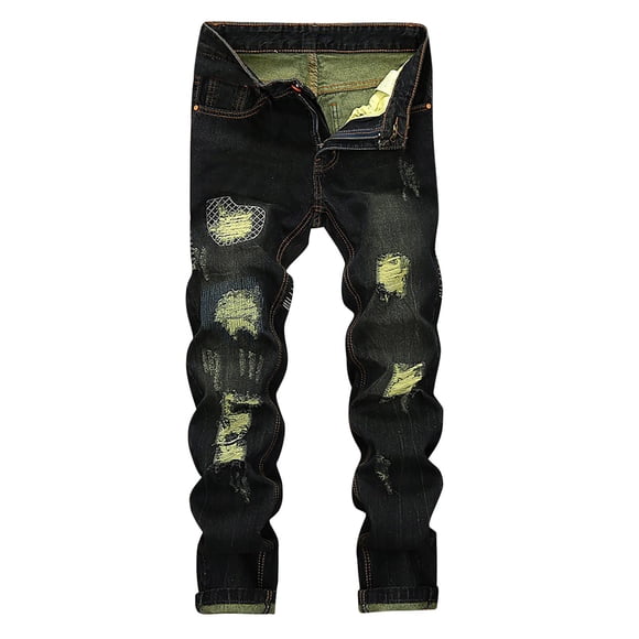 Men's Straight Leg Ripped Pants Slim Cotton Linen Jeans Mid Waist Zipper Dungarees Trendy Trousers Athletic Solid Color Clearance Holiday Casual Relaxed Black M