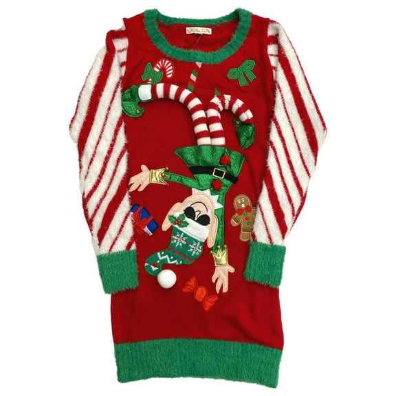 Womens Long Red Sparkle Elf & Gingerbread Man Christmas Holiday Sweater XXL