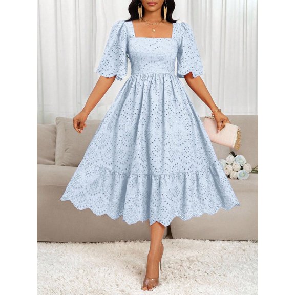 Blue Eyelet Embroidery Square Neck Short Sleeve A-Line Midi Dress With Scallop Hem