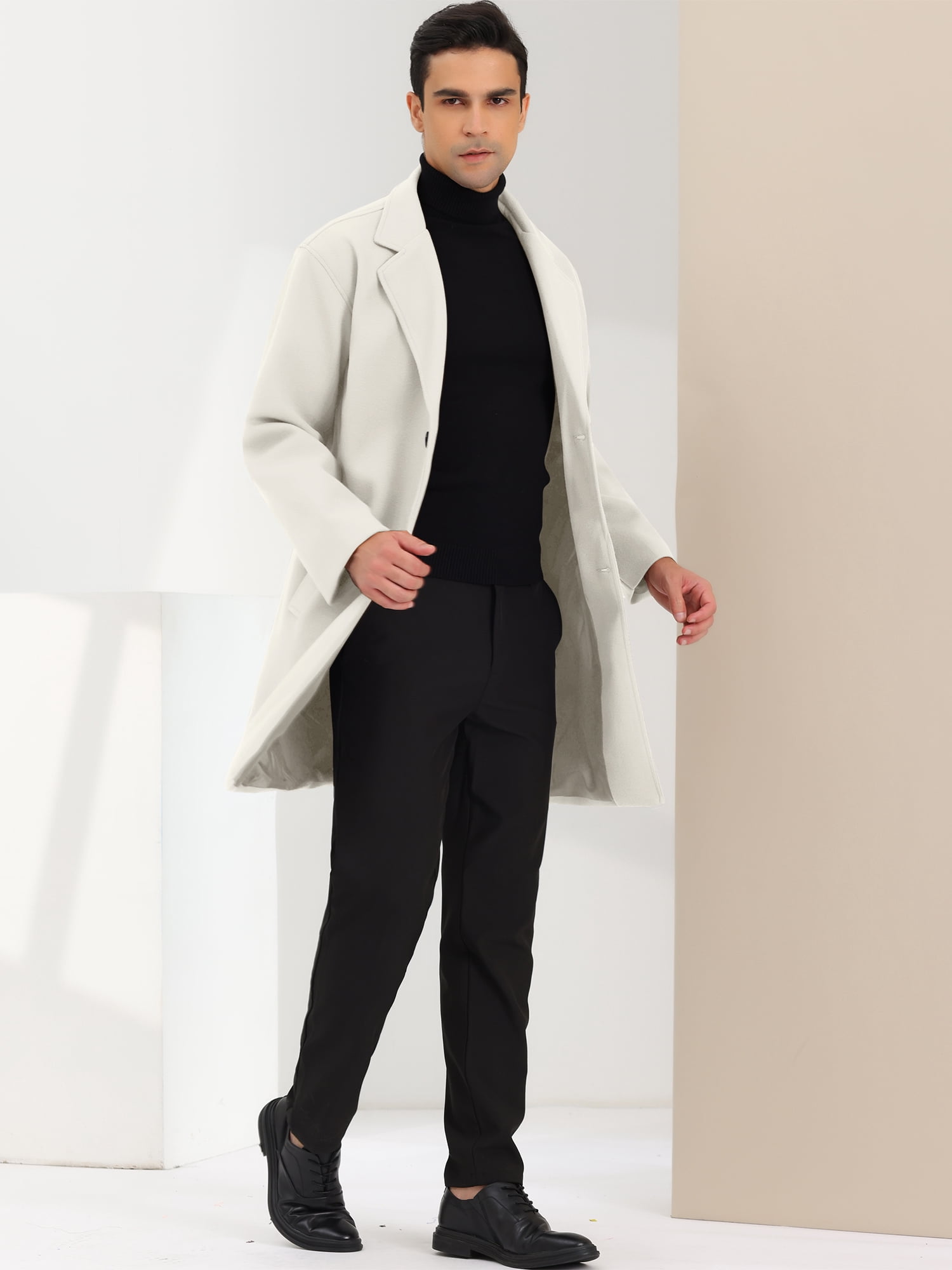 Unique Bargains Men's Winter Trench Coat Notched Lapel Single Breasted Mid-Length Overcoat M Beige