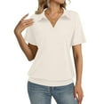 thumbnail image 2 of Resicozy Women's Polo Shirts Trendy Short Sleeve Shirt Summer Tops Collared V-Neck Work Casual Solid Color Top Beige L, 2 of 5