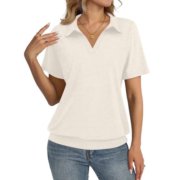 CIENVNSTG Women's Polo Shirts Spring Summer Business Casual Lightweight Short Sleeve V Neck Sweater Trendy 2026 Beige 2XL