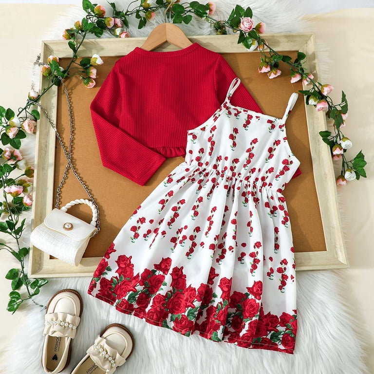 Wuxian Toddler Kids Dress Outfits Set Cute Button Long Sleeve Solid Ruffled  Knited Cardigan Matching Spaghetti Strap Dress Flora Print High Waist Long Dresses  Outfits,Red,4-5 Years - Walmart.com