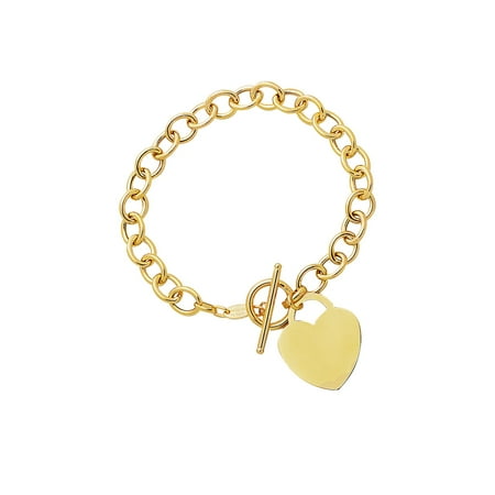 14K Yellow Gold Diamond Cut Round Chain Link Bracelet with Heart Ring and Toggle Lock 7.50