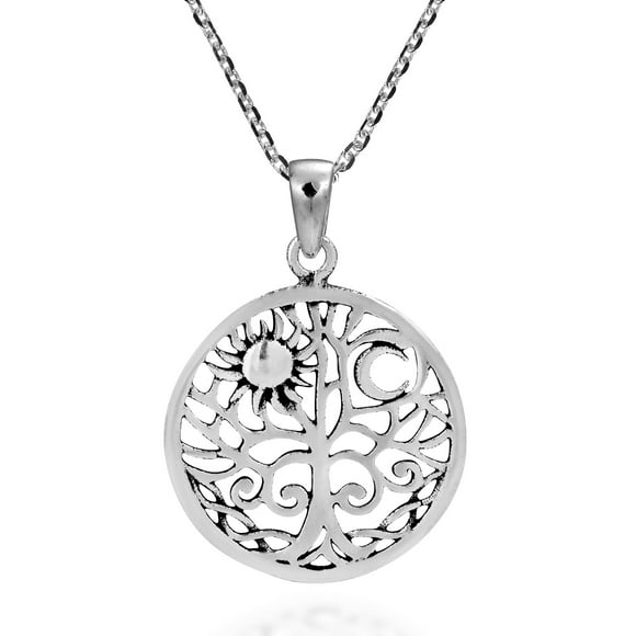 AeraVida Cycles de Nature Arbre de Vie avec Soleil et Lune Pendentif Rond en Argent Sterling Chaîne Collier Unique Décontracté Quotidien Unisexe Bijoux Cadeaux