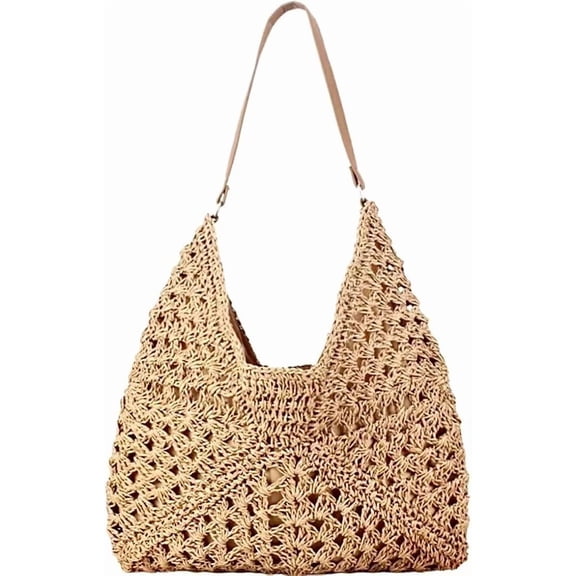 Handmade Woven Bag, Natural Straw Fabric Lining Large Magnetic Snap Tote for Women Summer Boho Beach Vacation Shoulder Purse (1-Piece, Beige)