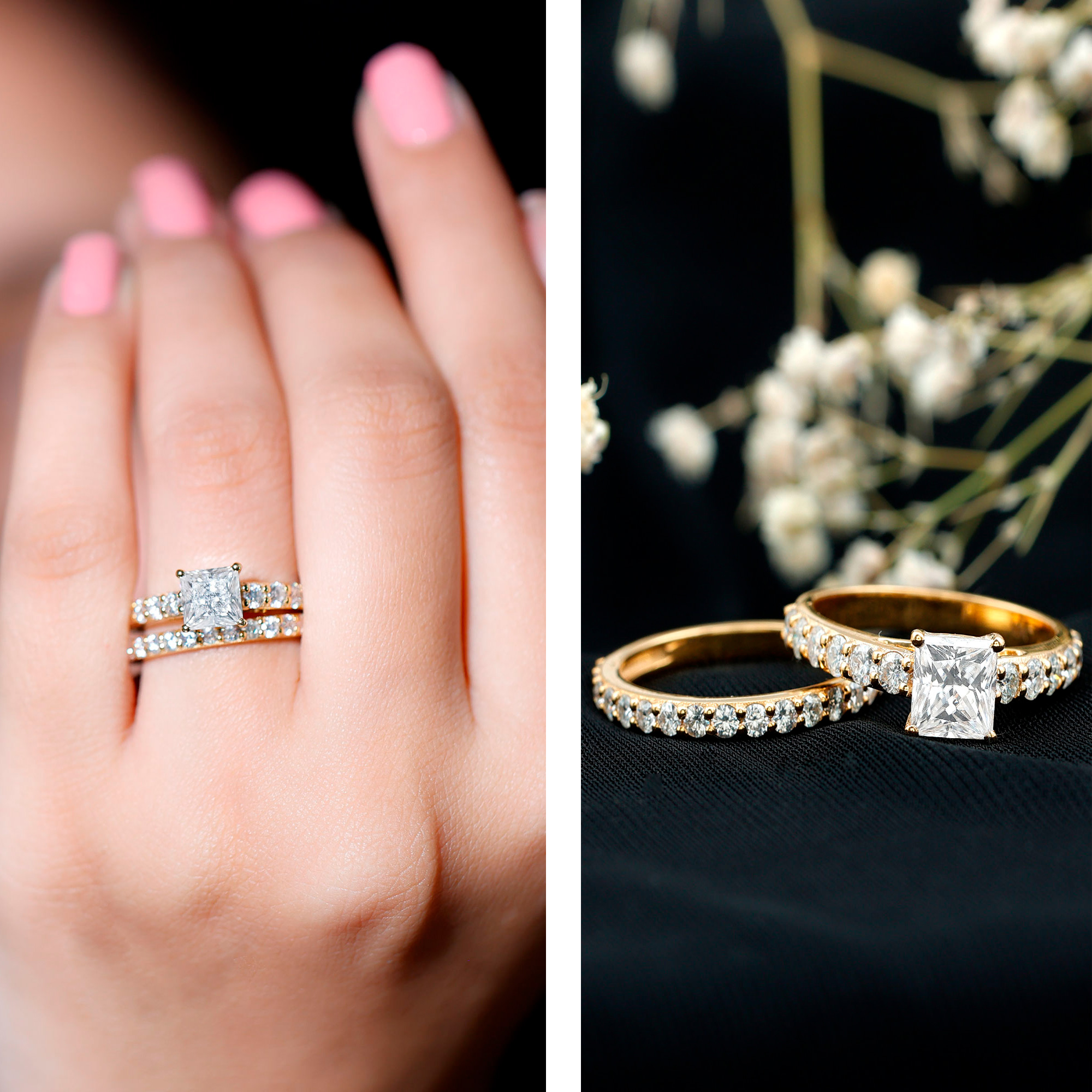 Rosec Jewels Princess Cut Moissanite Wedding Ring Set for Women - D-VS1 Quality - Moissanite Engagement Ring with Enhancer, 10K Yellow Gold, US 7.50
