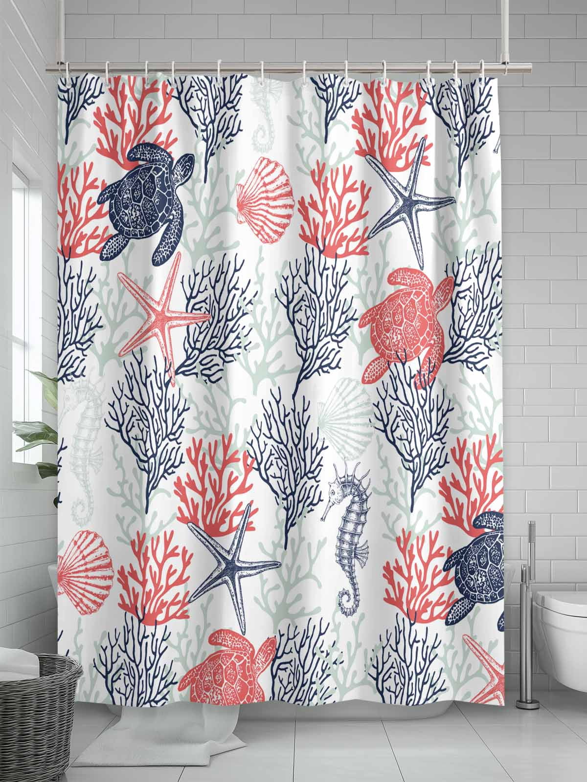 Boanket Polyester Fabric Blue Red Coastal Shower Curtain, Sea Turtle Nautical Coral Summer Beach Waterproof Bathtub Curtain Bathroom Decor Set with Hooks 60 x 72 Inches,
