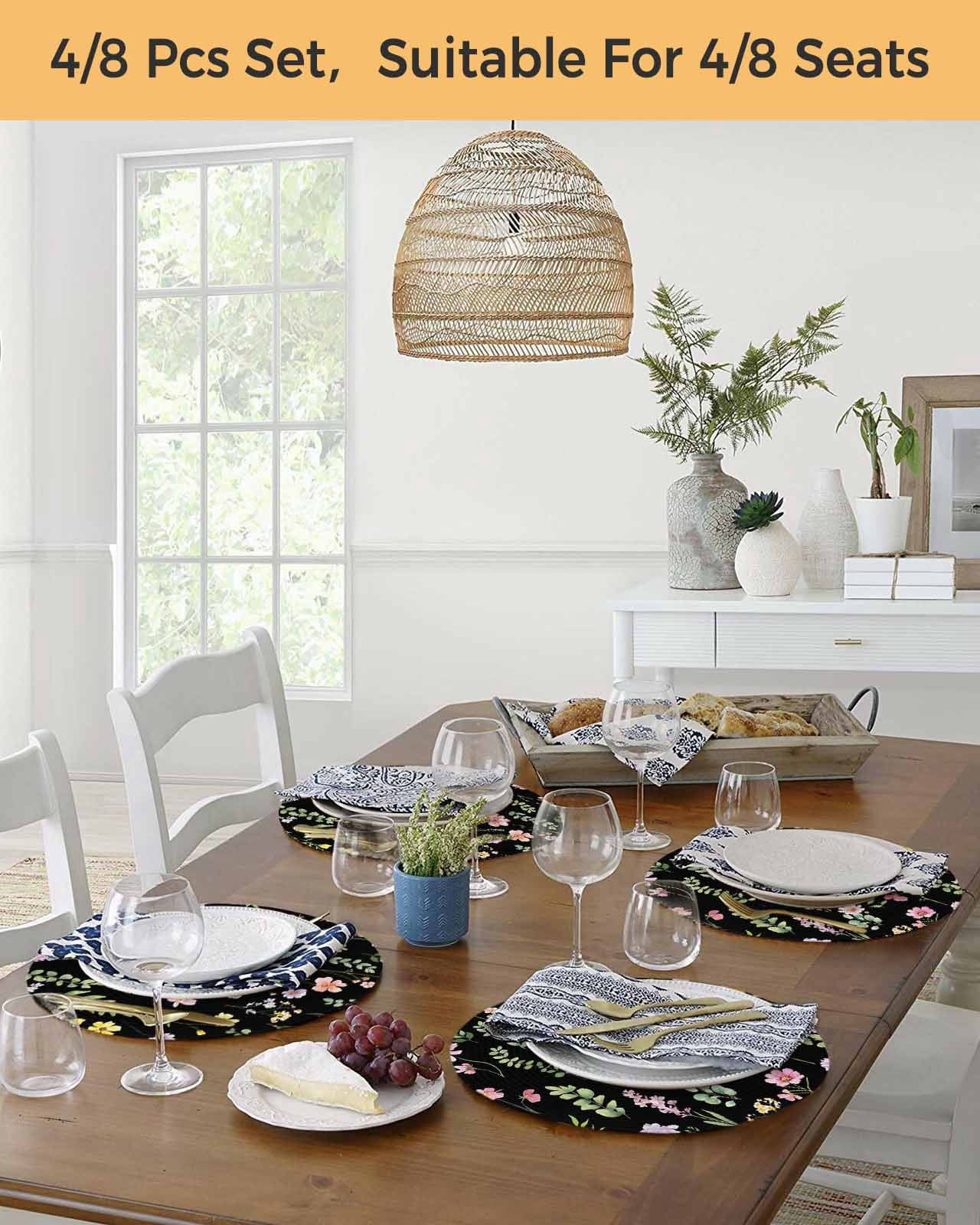 13 Inch Round Placemats Set of 4, Pink Spring Floral Non Slip Heat Insulation PP Table Mats, Flowers Botanical Elegant Pastoral Black Washable Place Mats for Kitchen Dining Party Table Decor