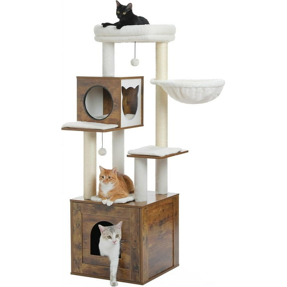 Tall Cat Tree with Litter Box Enclosure 57.5" Wooden Cat Tower for Large Cats with Cat Hammock House Bed (Pure Black)