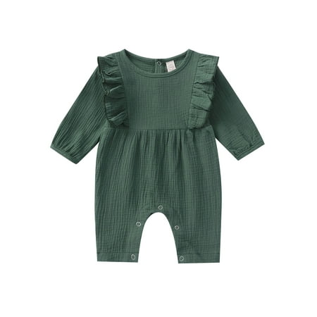 

Newborn Baby Girls Cotton Linen Ruffled Romper Long Sleeve Solid Color Jumpsuit Fall Winter Clothes