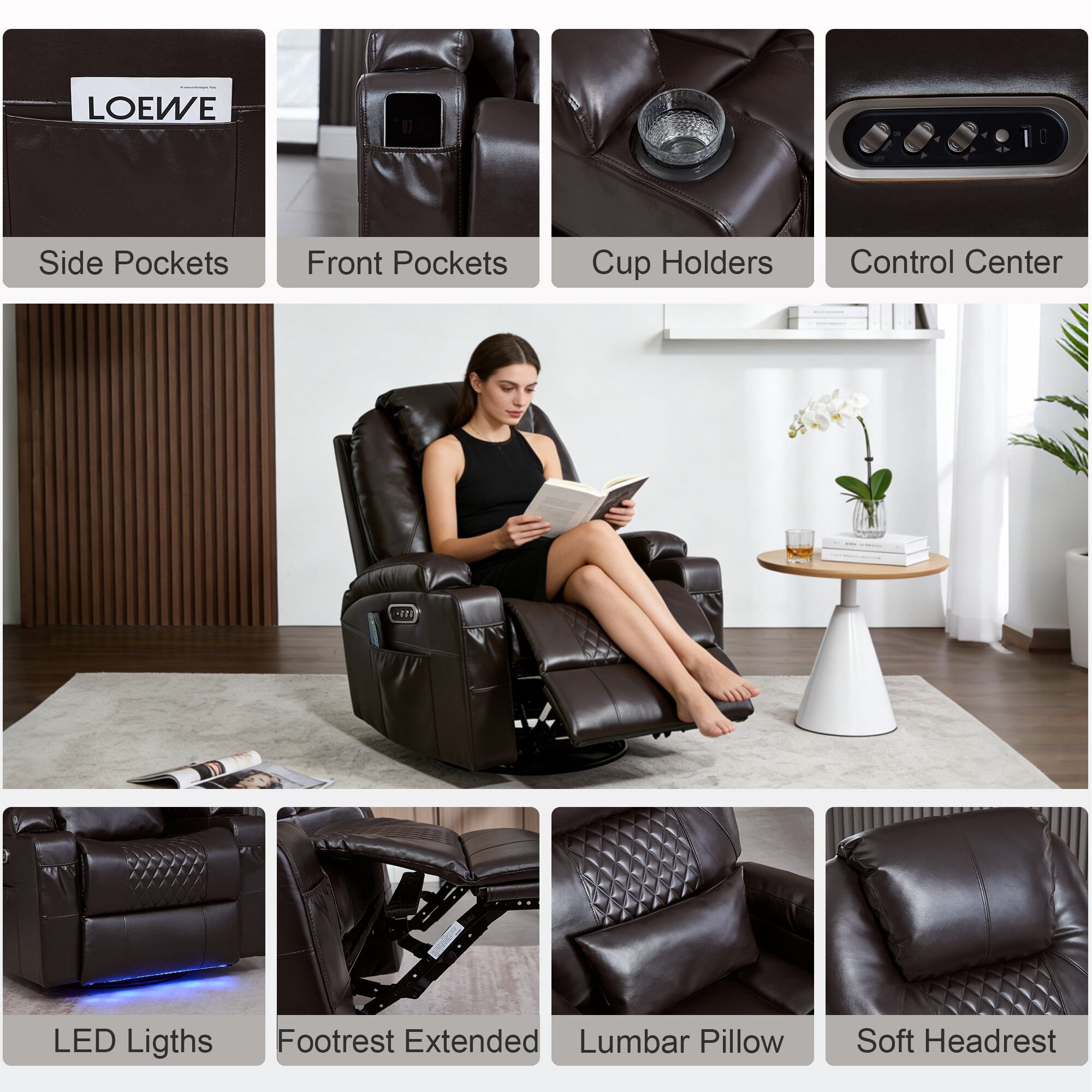QJTC Power Swivel Rocker Recliner Chair for Living Room - Rocking Recliner with Heat and Massage/Cup Holder/LED Lights/USB & USB-C Ports (Set of 2, Black)