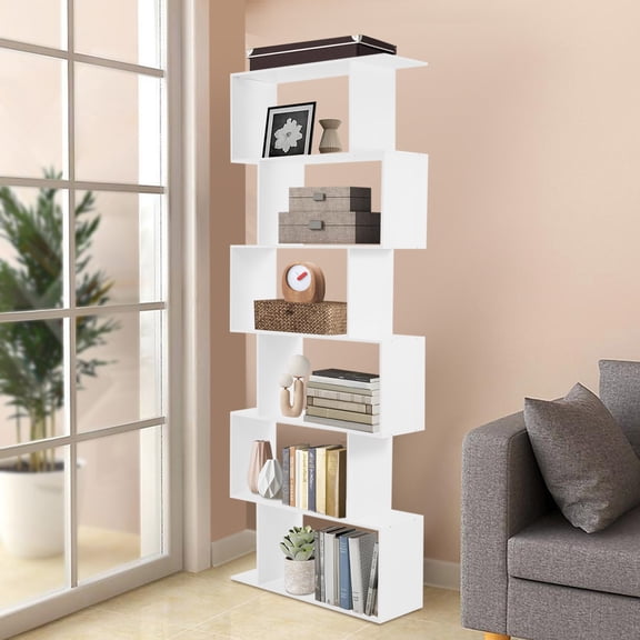 S-Shaped Bookshelf 6 Tiers Book Storage Shelf 74.8" H Modern Geometric Bookcase