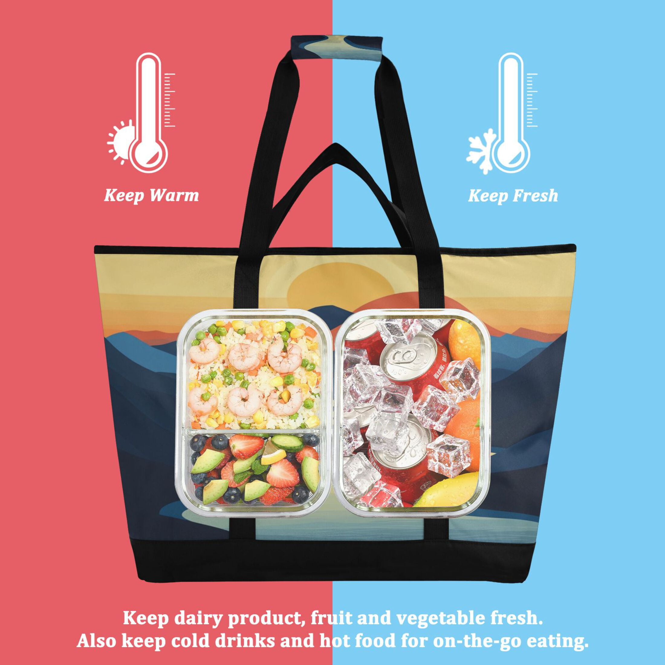 Large Hand-held Ice Pack Picnic Bag Insulation and Refrigeration Suitable for Shopping Picnics and Camping Mountain Sunset