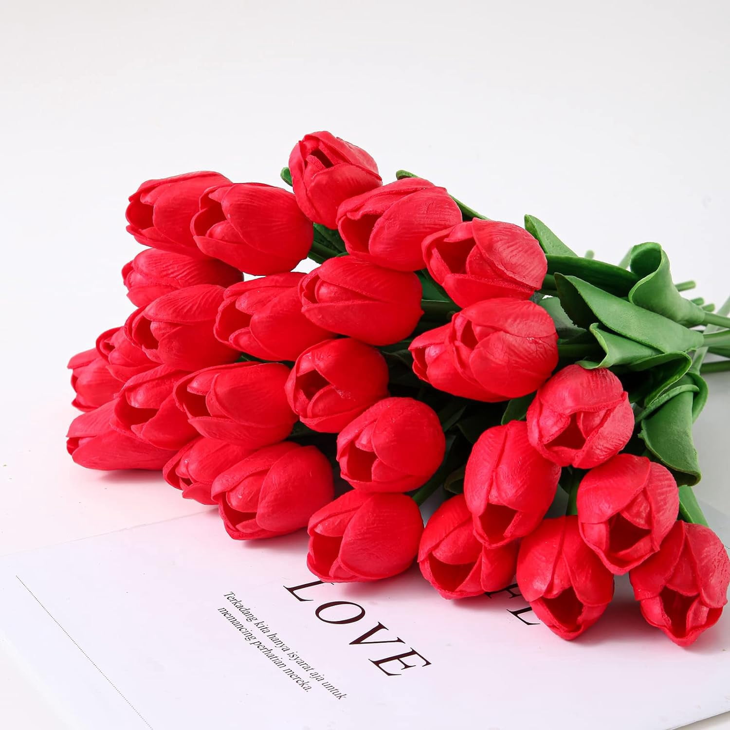 Morttic 24pcs Artificial Tulips Flowers Fake Faux PU Tulip Bouquet Real Touch Flowers Table Arrangement for Home Room Office Party Wedding Decoration (Red)