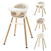 6 in 1 Convertible Wooden High Chair for Babies & Toddlers, Baby Feeding Chair with Adjustable Legs, Double Removable Tray, Infant Eating Chair with Safety Harness, Footrest for Boys Girls, Cream