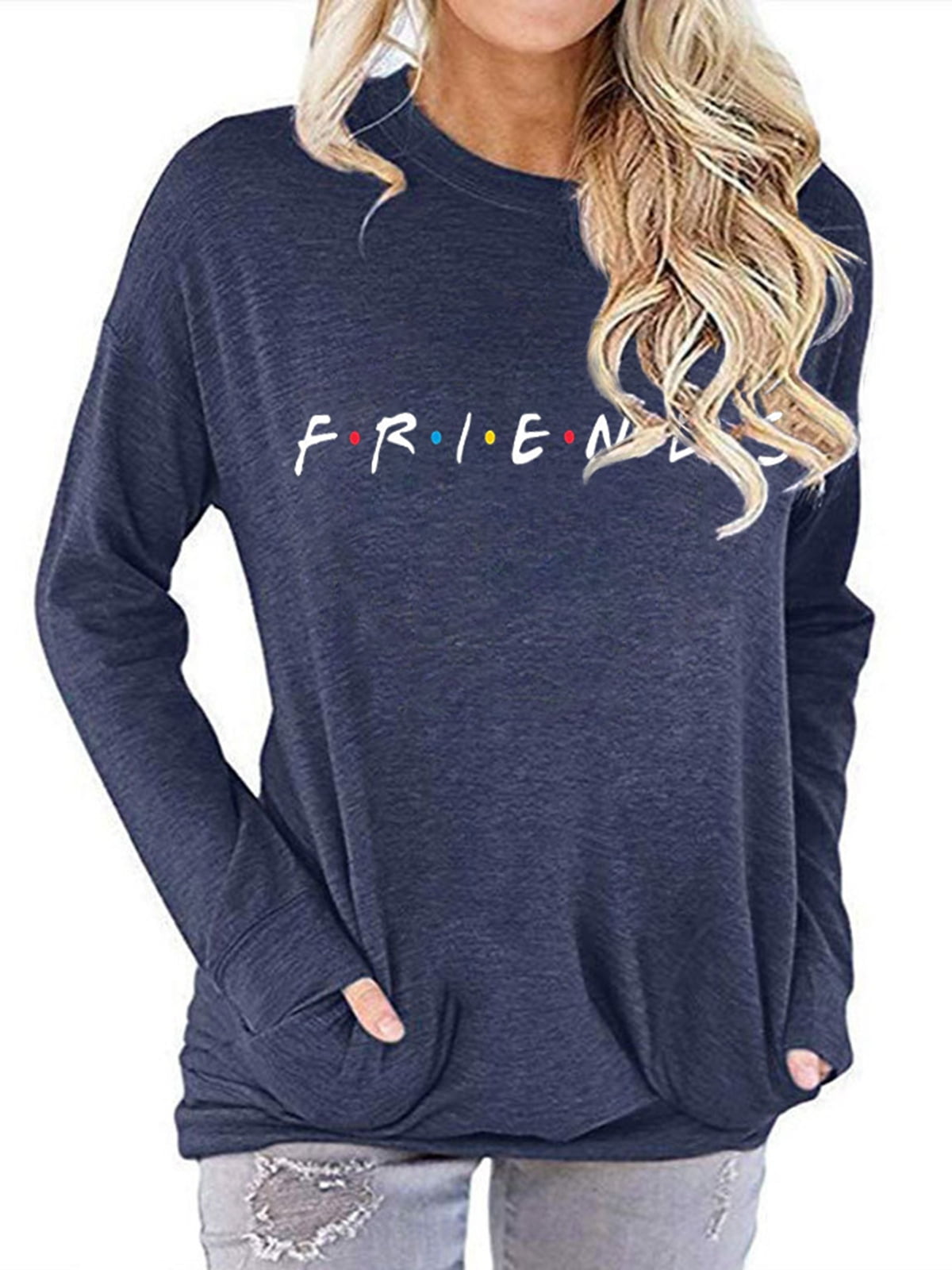 Frieed Womens Solid Color Long Sleeve Round Neck Pullover Sweatshirt 