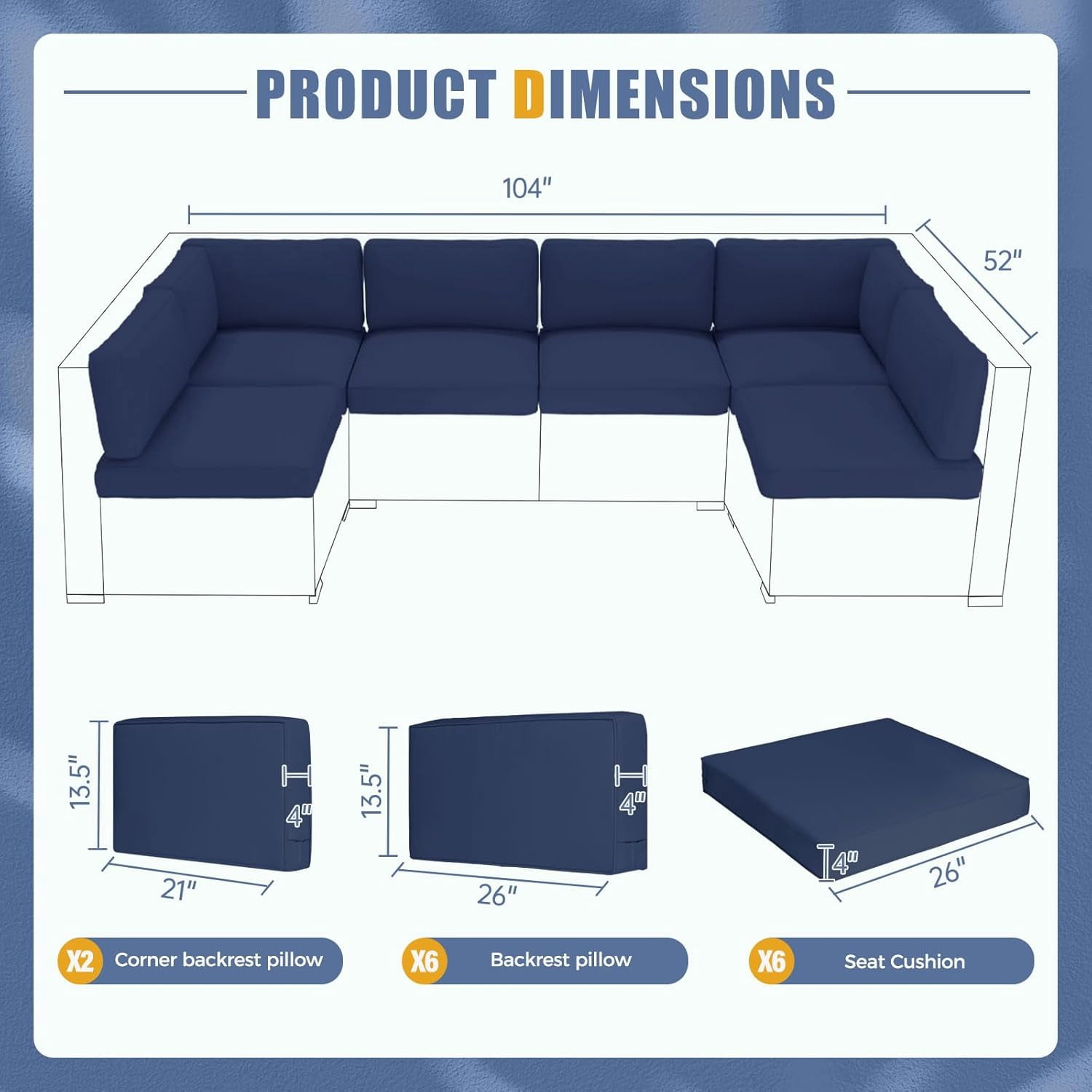 SUNCROWN 14 Piece Outdoor Patio Cushion Replacement, Patio Couch Cushions (6 Seat Cushion,6 Back Cushion, and 2 Corner Cushion) with Zipper for Outdoor Furniture (Dark Blue)
