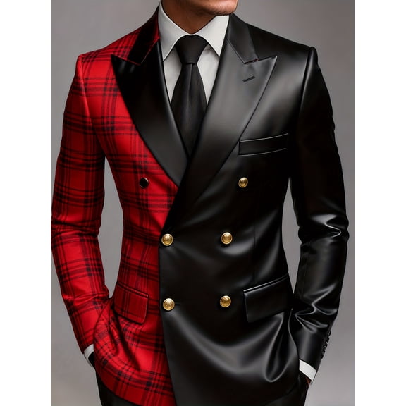 Men's Red Tartan Plaid & Black Satin Asymmetric Blazer, Double-Breasted Peak Lapel Slim Fit Statement Suit Jacket for Formal Party Events