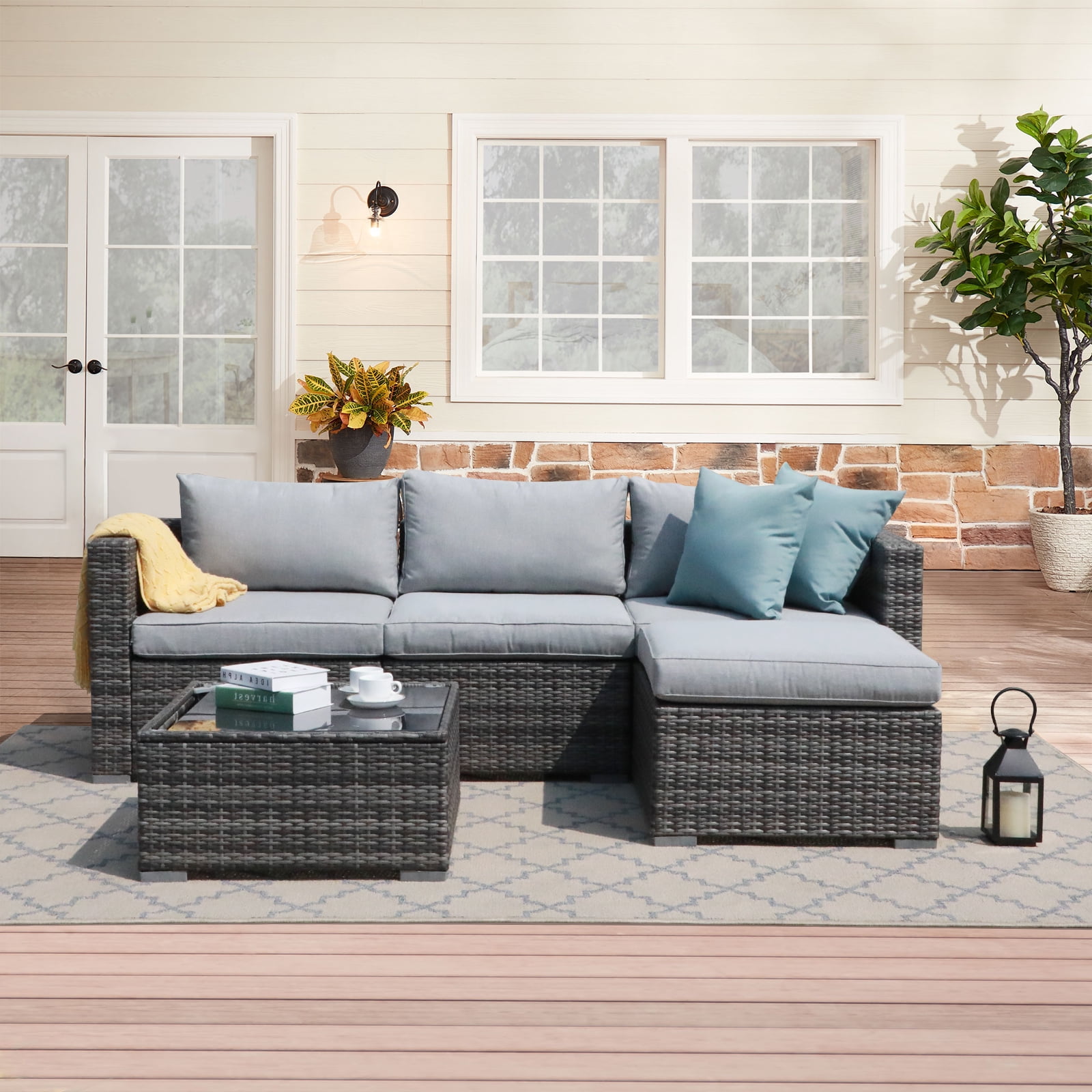 JOIVI 5 Pieces Outdoor Patio Furniture Set, All Weather PE Gray Wicker Rattan Sectional Furniture Set with Coffee Table, Light Gray