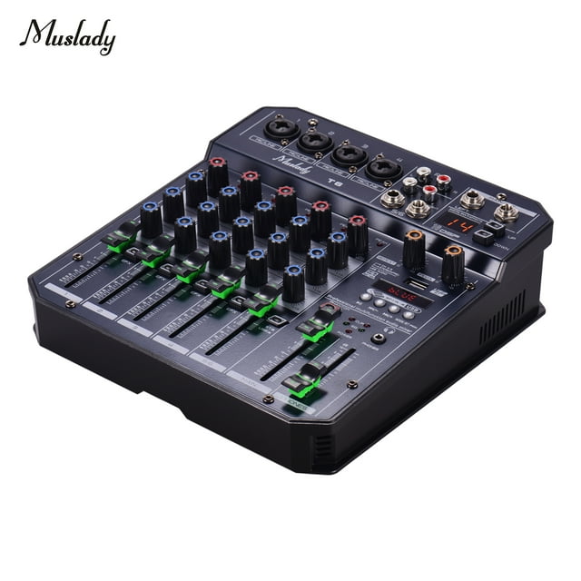 Muslady T6 Portable 6-Channel Sound Card Mixing Console Mixer Audio Built-in 16 DSP 48V Phantom power Support BT Connection MP3 Player Recording Function 5V power supply for DJ Network Live Broadcast