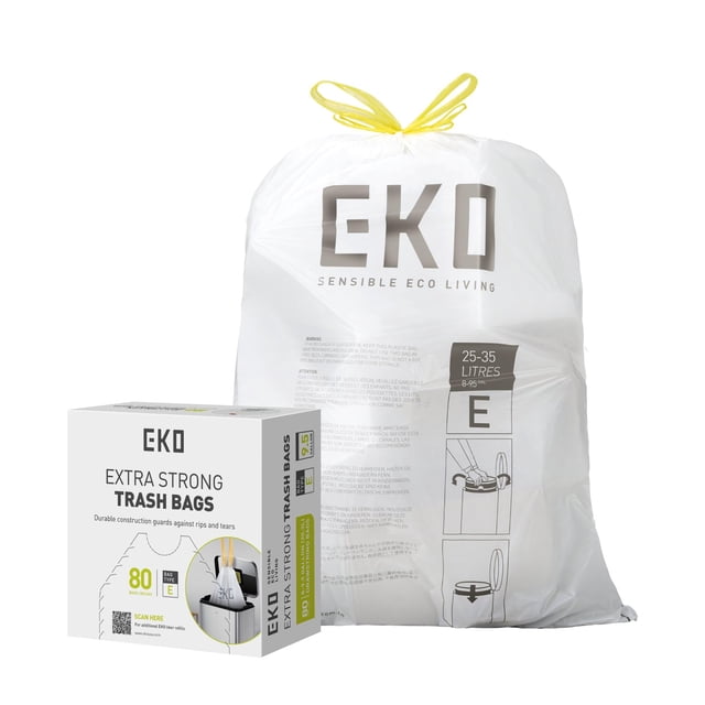 EKO Bolsas de Basura Tamaño E. 25-35 Litros. 80unidades. Caja dosificación fácil. Compatible con bote de basura EKO, uso en cocina, doméstico, extrafuertes,