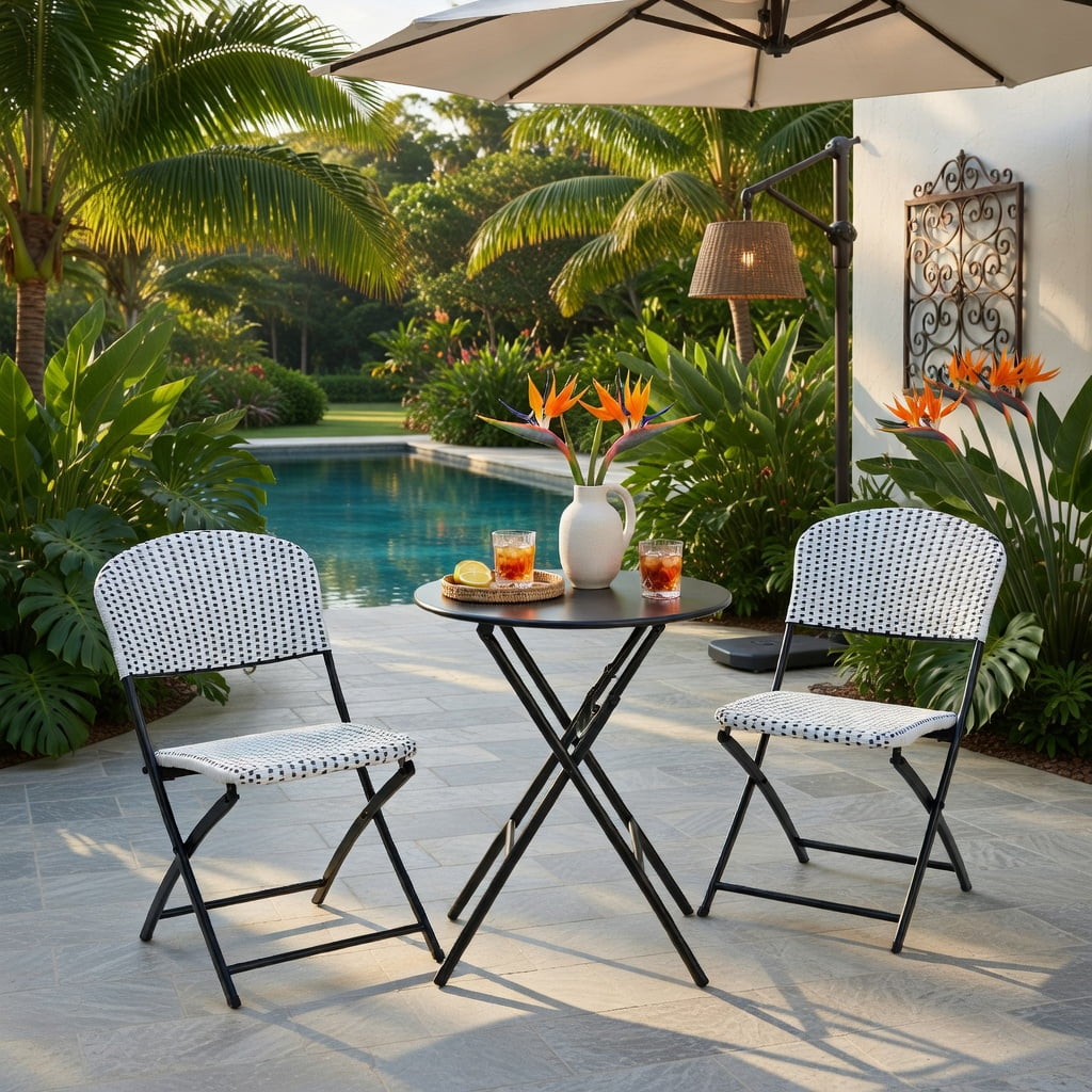 Hommoo 3-Piece Outdoor Rattan Bistro Set, Foldable Round Patio Table & 2 Ergonomic Chairs, PE Wicker on Steel Frame, for Deck, Balcony & Poolside, White and Black