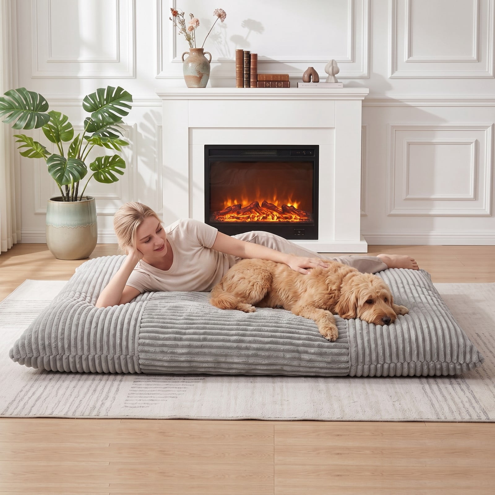 Furnibear Convertible Bean Bag Floor Sofa, Corduroy Machine-Washable Cover Shredded Foam Lounger Bean Bag Bed for Living Room Gaming Reading Dorm Naps, Gray