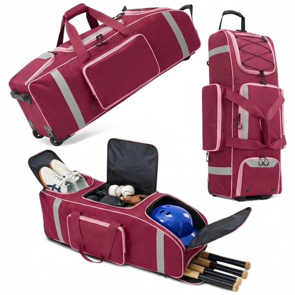 Fegat Large Catcher Gear Bag With Wheels, Soft Rolling Baseball Bag for 4 Bats, Portable Baseball Catcher Bag With Wheels, Multi-Pockets, Fence Hook, Holds All Softball Baseball Equipment