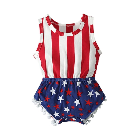Qopobobo Fourth July Baby Outfit 4th Of July Baby Girl Outfits American Flag Romper Sleeveless Backless Ruffle Bodysuit Headband Clothes Set Blue,18 Months