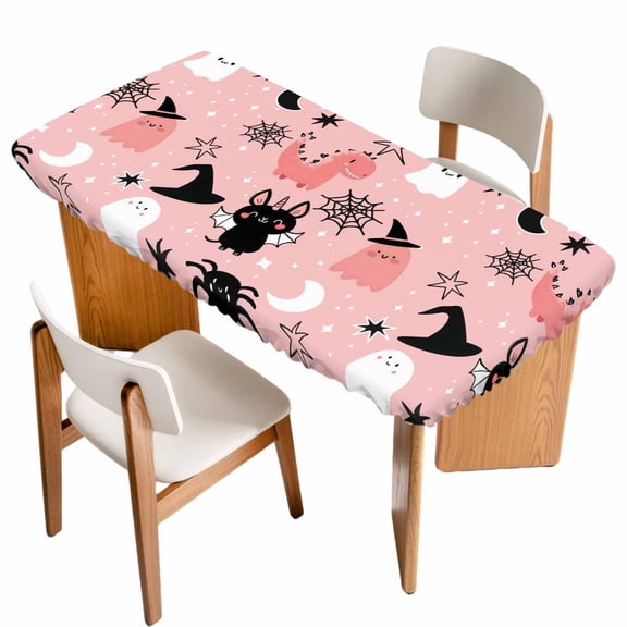 Halloween Table Cloths for 4 Foot Rectangle Tables, Cute Cartoon Ghosts Black Bat Moon Star Pink Patio Waterproof Elastic Fitted Tablecloths, Washable Rectangular Table Cover for Camping
