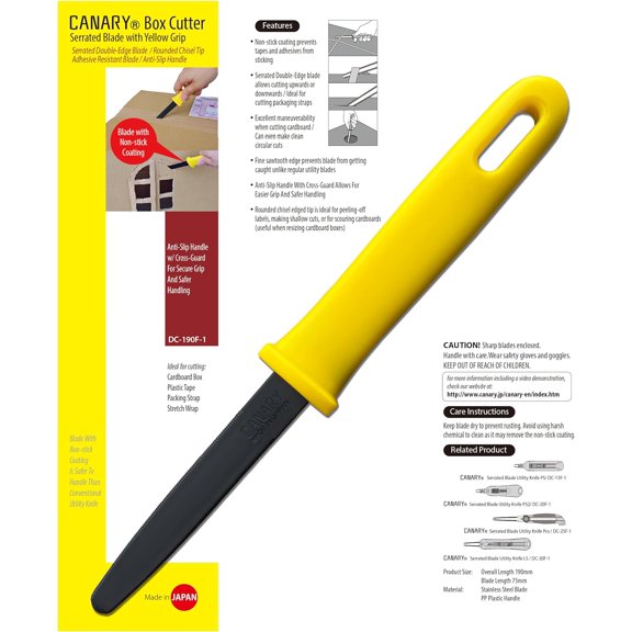 DASAW-Corrugated Cardboard Cutter Dan Chan 7.5", Safety Box Cutter Package Opener Knife [Non-Stick Coated Blade], Made in JAPAN, Yellow (2 Pcs)