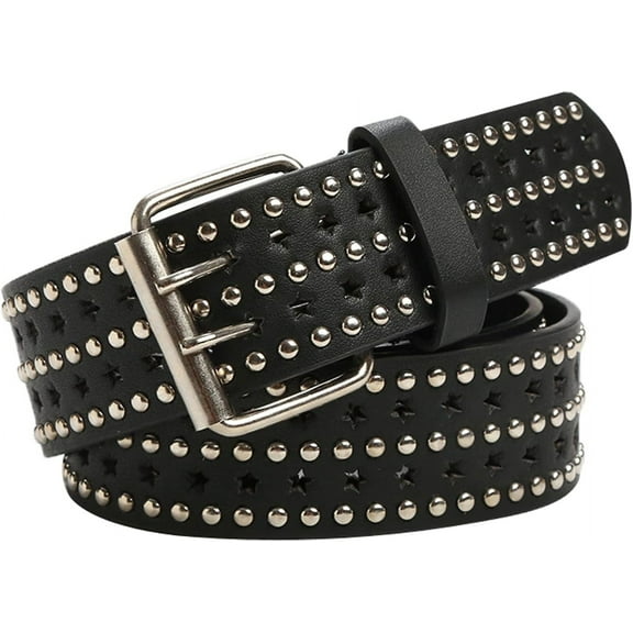 Double Grommet Leather Belt for Women Men Goth Studded Belt Punk Jeans y2k Belt