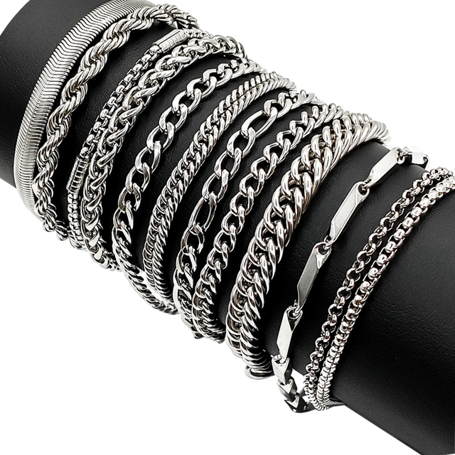 12pzs Pulseras Acero Inoxidable Cubano Eslabón Plata Hombre Xtellar plateado