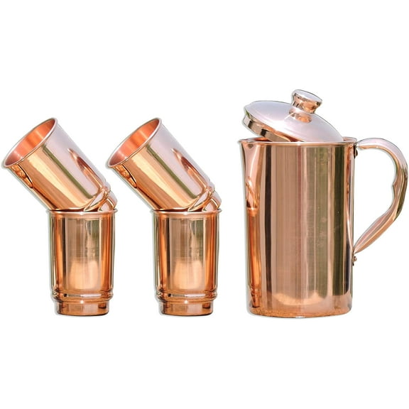 HealthGoodsIn - Pure Copper Pitcher with 4 Copper Tumblers | Copper Pitcher and Tumbler Set for Ayurveda Health Benefits