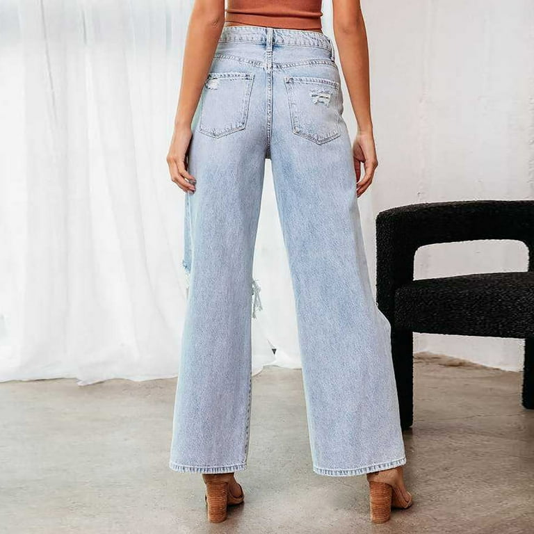 Lovskoo 2024 Women's Wide Leg Baggy Ripped Jeans Big Holes Lovskoo 2024 Women's Wide Leg Baggy Ripped Jeans Big Holes