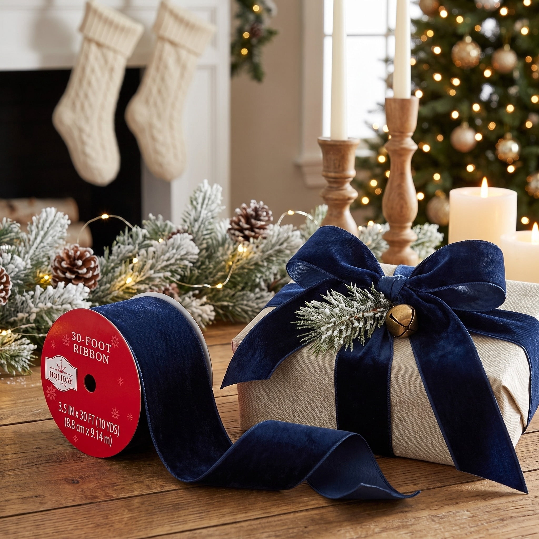Navy Blue Velvet Christmas Ribbon, 3.5" x 30', by Holiday Time