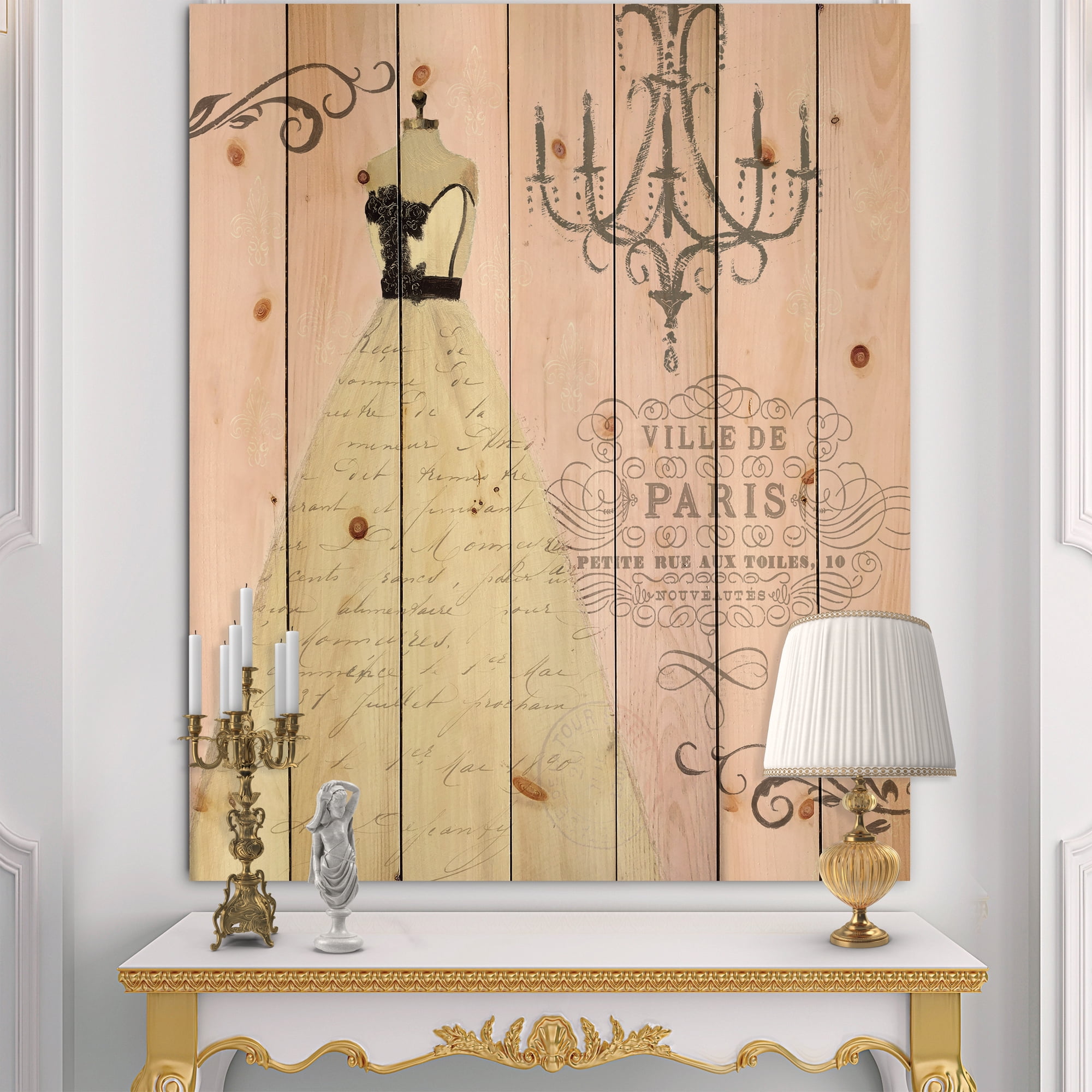 Designart 'Chandeliers French Couture II' Fashion Print on Natural Pine Wood