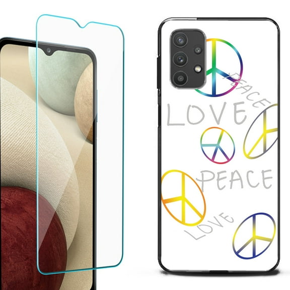 Slim-Fit Flexible TPU Gel Phone Case (black) for Samsung Galaxy A32 5G, with Tempered Glass Screen Protector, by OneToughShield ® - Love/Peace