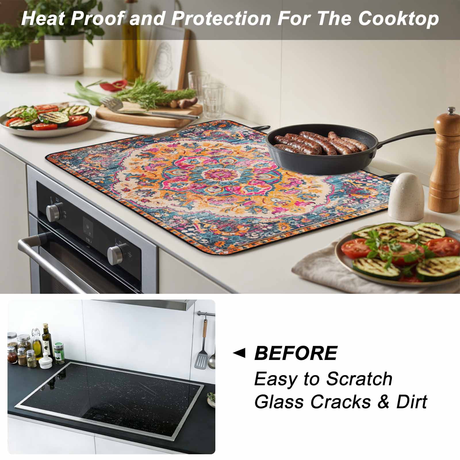 Blue Pink Stove Top Cover for Electric Stove, Heat-proof & Non Slip Glass Top Stove Cover Protector, Boho Middle Century Geometric Abstract Kitchen Flat Cooktop Rubber Mat 24x21 Inches