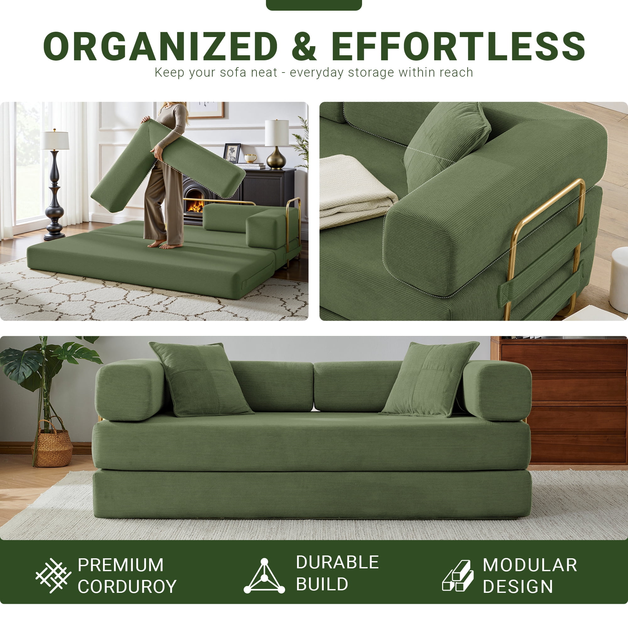 Vanress 79" Convertible Sofa Bed, Folding Sleeper Sofa Couch Bed with Fixed-Shape Frame, Fold Out Sleeper Loveseat, Corduroy Boneless Futon Bed, No Assembly Required for Living Room & Bedroom, Green