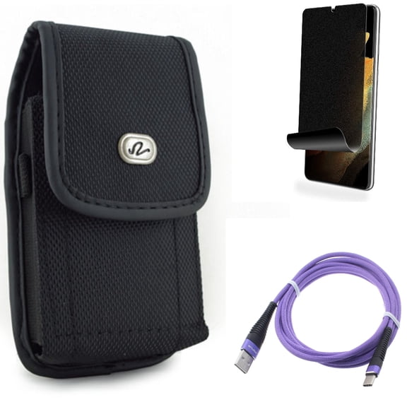 Case Belt Clip & Privacy Screen Protector & 6ft USB Cable for Samsung Galaxy S22 Plus (S22 ) - Combo Rugged Holster & TPU Film (Fingerprint) Anti-Peep & Purple Type-C Charger Cord