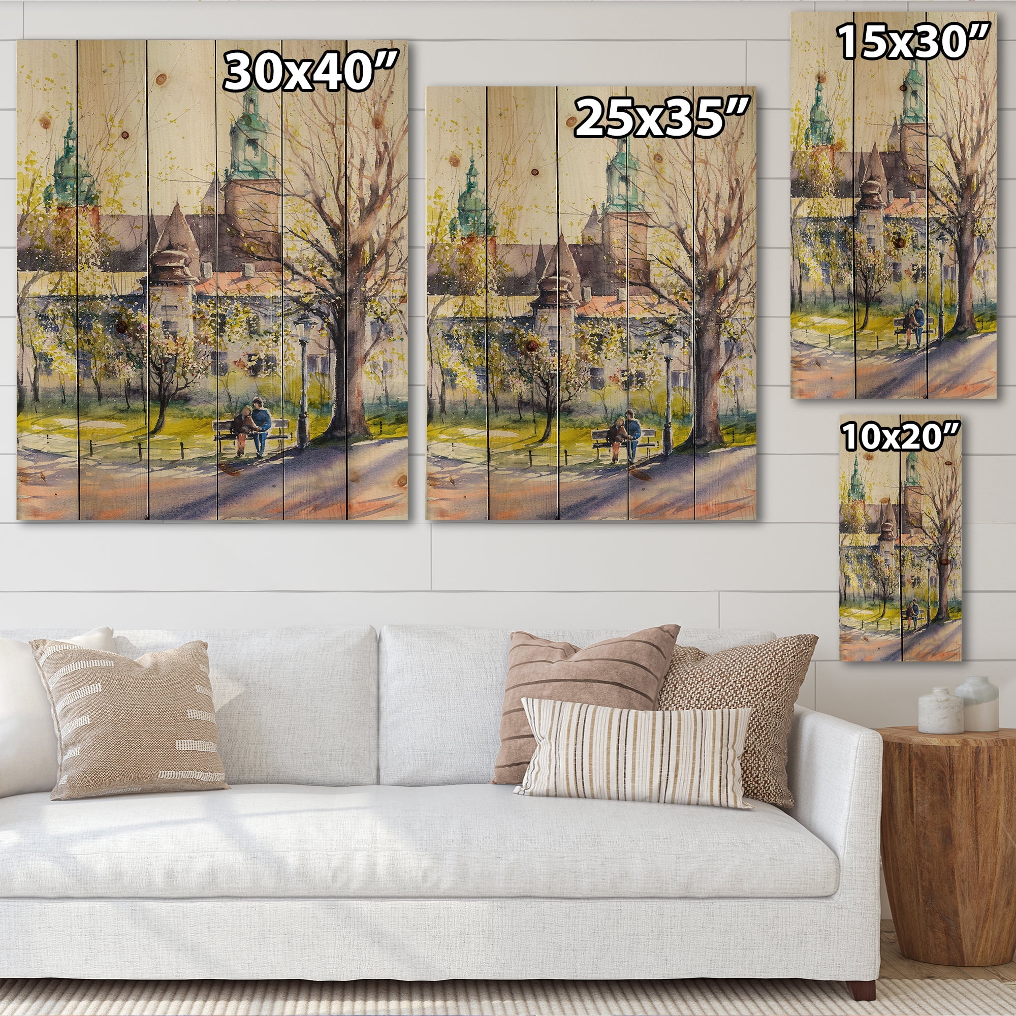 Designart 'Castel Through The Trees of The Park With Couple Sitting on Bench' Country Print on Natural Pine Wood