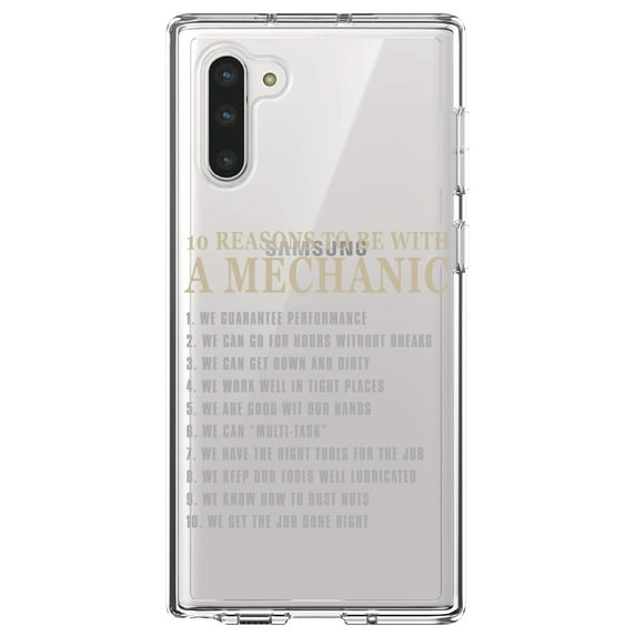 DistinctInk Clear Shockproof Hybrid Case for Samsung Galaxy Note 10 (6.3" Screen) - TPU Bumper Acrylic Back Tempered Glass Screen Protector - 10 Reasons to Be With a Mechanic