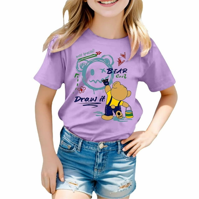TZEWGL T-Shirts For Girl Cartoon Bear Print Round Neck Loose Short Sleeve Clothes For Baby size 8-9T
