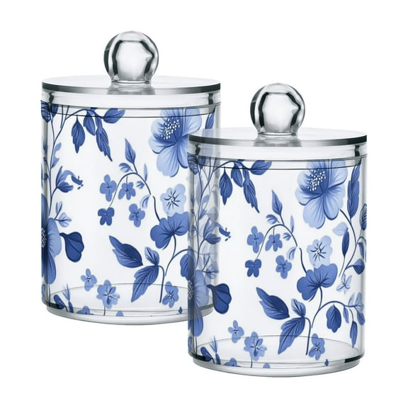 Blue Florals Leaves Pastel Style Translucent Plastic Cans Storage Canisters with Lid Set of 2