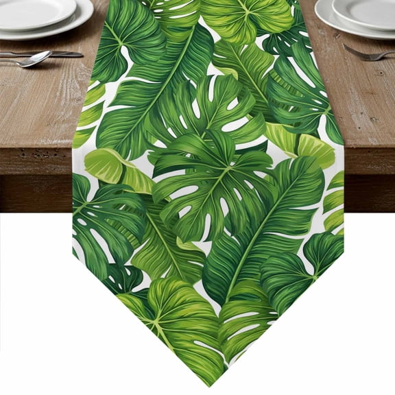 Summer Palm Leaves Table Runner Linen Burlap Table Runner 72 Inches Long Tropical Green Botanical Dresser Scarves for Kitchen Island Coffee Dining Room Party Wedding Banquet Holiday Decor 16"x72"