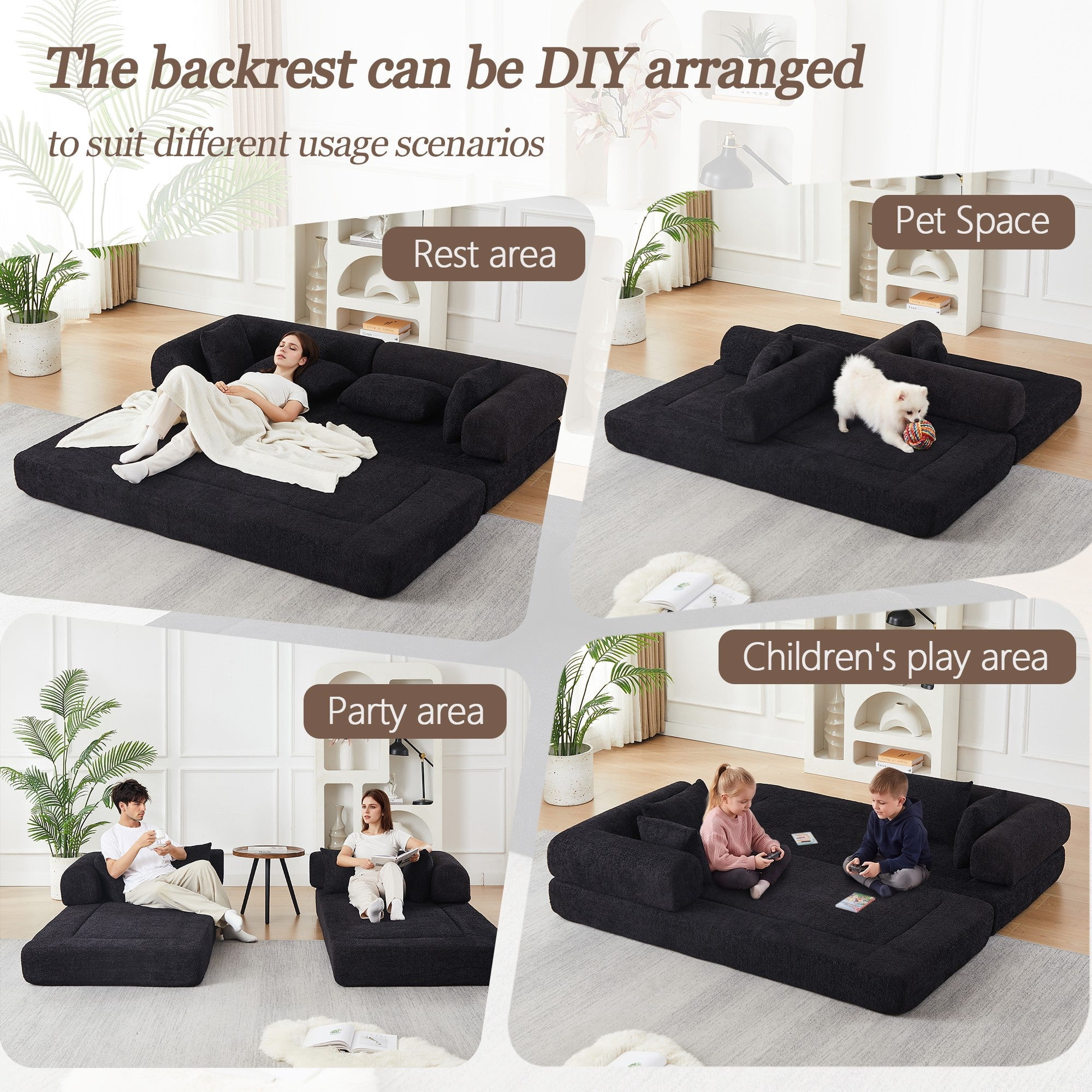 Sailvan 78.9" Convertible Sleeper Sofa, Modular Chenille Folding Mattress Sofa Bed with 4 Pillows, No Assembly Floor Lounge for Living Room Black